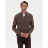 Pierre Cardin Erkek Vizon Melanj Slim Fit Dik Yaka Fermuarlı Triko Kazak 50317363-VR174 - 3XL