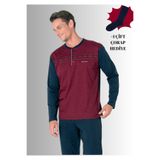 Pierre Cardin Erkek%100 Pamuklu Yarım Patlı Uzun Kol Jakarlı Pijama Takımı, Bordo, M, Çorap Hediyeli