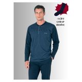 Pierre Cardin Erkek%100 Pamuklu Yarım Patlı Uzun Kol Jakarlı Pijama Takımı, Koyu Saks, M, Çorap Hediyeli