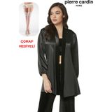 Pierre Cardin Kadın 3'lü Kadife Croplu Sabahlıklı Saten Pijama Takım Çorap Hediyeli