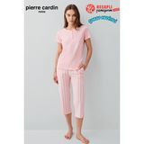 Pierre Cardin Kadın Büyük Beden Modal Pamuklu Rahat Kalıp Çizgili Kapri Kısa Kol Pijama Takım - Somon - 3XL