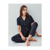 Pierre Cardin Kadın Düğmeli Kısa Kollu Pijama Takımı, Çizgili Desen, Pamuk Modal, Lacivert, S Beden