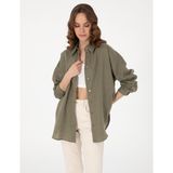 Pierre Cardin Kadın Haki Oversize Uzun Kollu %100 Keten Gömlek 50301078-VR027 - 36