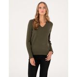 Pierre Cardin Kadın Haki Slim Fit V Yaka Basic Kazak 50310915-VR027