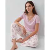 Pierre Cardin Kadın Kısa Kollu Pijama Takımı %50 Pamuk %50 Modal – Desenli Cepli Pijama Altı, Tam Kalıp - Toz Pembe