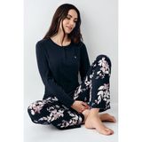 Pierre Cardin Kadın Lacivert Baskılı Pijama Takımı Çift Cepli Pamuklu Kışlık Konfor