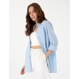 Pierre Cardin Kadın Mavi Oversize Keten Karışımlı Uzun Kollu Gömlek 50313128-VR249 - 40