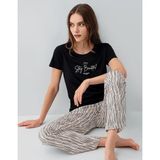 Pierre Cardin Kadın Modal Pamuklu Pijama Takımı – Kısa Kollu Tişört ve Çizgili Alt, Rahat Kesim, Cep Detaylı - Siyah - 3XL