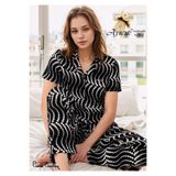 Pierre Cardin Kadın Pamuk & Modal Desenli Rahat Kesim Gömlek Yaka Pijama Takımı, Siyah, XL
