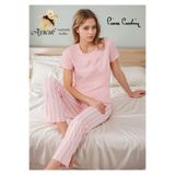 Pierre Cardin Kadın Pamuk & Modal Kısa Kollu Bisiklet Yaka Çizgili Pijama Takımı, Somon, S