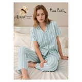 Pierre Cardin Kadın Pijama Takımı, Çizgili Kısa Kollu Gömlek, Pamuk & Modal, Soft Yeşil, S Beden