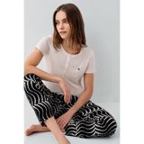 Pierre Cardin Kadın Pijama Takımı, Krem, Kısa Kollu, Bisiklet Yaka, Boru Paça, L Beden