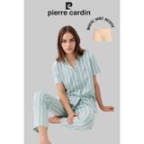 Pierre Cardin Kadın Pijama Takımı, Mint Çizgili, Önden Düğümeli, Modal Şort Hediyeli, XL