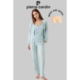 Pierre Cardin Kadın Pijama Takımı, Mint Çizgili, Sabahlıklı, Modal Şort Hediyeli, L Beden
