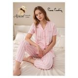 Pierre Cardin Kadın Pijama Takımı, Pamuk & Modal Çizgili Kısa Kollu Gömlek, Pembe, M Beden