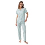 Pierre Cardin Kadın Pijama Takımı, Yeşil Çizgili, Kısa Kollu Gömlek Yaka, XL Beden