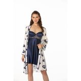 Pierre Cardin Kadın Saten Emprime Gecelik & Sabahlık Takım, Lacivert, S Beden