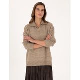 Pierre Cardin Kadın Vizon Comfort Fit Fermuarlı Dik Yaka Kazak 50316329-VR052 - S
