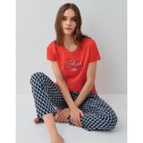 Pierre Cardin Kadın Yazlık Kısa Kollu Pijama Takımı – %50 Modal %50 Pamuk, Desenli Uzun Alt, Baskılı Üst - Kırmızı - 2XL