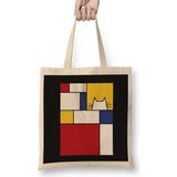 Piet Mondrian Inspired Cat Kedi Bez Çanta Uzun Saplı - Açık Bej - 40 X 40
