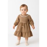 Pietra Baby Kids Dantel Yaka %100 Pamuk Müslin Kumaş Bebek ve Çocuk Elbise - Kahverengi - 6 Ay