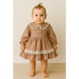 Pietra Baby Kids Dantel Yakalı Bol Etek %100 Pamuk Müslin Kumaş Bebek ve Çocuk Elbise - Kahverengi - 9 Ay