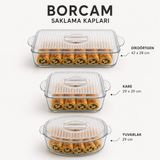 Piev Borcam Uyumlu Kare, Dikdörtgen ve Yuvarlak Cam Kapak Seti | 3'lü Set, Şeffaf Cam, Fırın Kabı Uyumlu, Saklama Kabı Uyumlu