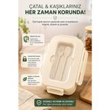 Piev Kilitli Sızdırmaz Çatal Kaşıklı 2 Bölmeli Beslenme Kabı Krem - Ahşap - 100 ml
