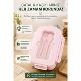 Piev Kilitli Sızdırmaz Çatal Kaşıklı 2 Bölmeli Beslenme Kabı Pembe
