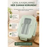 Piev Kilitli Sızdırmaz Çatal Kaşıklı 2 Bölmeli Beslenme Kabı Yeşil - Ahşap - 100 ml