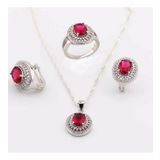 Pigado 925 Ayar Gümüş Kırmızı Oval Zirkon Taşlı Set