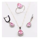 Pigado 925 Ayar Gümüş Pembe Zirkon Taşlı Damla Model Bayan Set