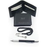 Pigado Isme Kişiye Özel Deri Cüzdan Oltu Tesbih ve 6 Fonksiyonlu Kalem Seti - Siyah