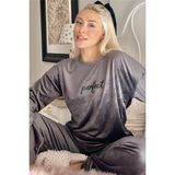 Pijama Evi Füme Perfect Desenli Exclusive Kadife Kadın Pijama Takımı - XL