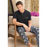 Pijama Evi Koyu Gri Ekose Patlı Cep Detaylı Kısa Kollu Erkek Pijama Takımı