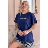 Pijama Evi Lacivert Floral Days Desenli Kısa Kollu Şortlu Örme Kadın Pijama Takımı - Lacivert - Beyaz