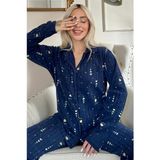 Pijama Evi Lacivert Kalp Desenli Önden Düğmeli Peluş Polar Pijama Takımı - Lacivert - Beyaz