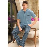 Pijama Evi Mavi Ekose Patlı Cep Detaylı Kısa Kollu Erkek Pijama Takımı