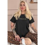 Pijama Evi Siyah Born To Be Wild Leopar Desenli Kısa Kollu Örme Kadın Pijama Takımı - Kahverengi