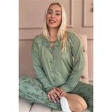 Pijama Evi Yeşil Çiçek Desenli Bambu Önden Düğmeli Uzun Kol Kadın Pijama Takımı - S - M