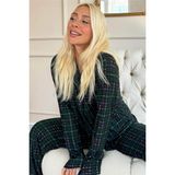 Pijama Evi Yeşil Ekose Baskılı Önden Düğmeli Uzun Kollu Kadife Pijama Takımı - 2XL