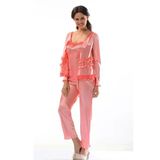 #Pijama Kalite Üçlü 100 Saten Krep Tül Şık Sabahlıklı Tasarım Rahat Nar Çiçeği Saten Pijama Takımı