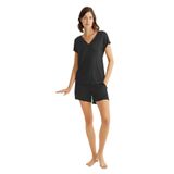 Pijama Pazarı Monamise 18496 Kadın V Yaka Kısa Kollu Şortlu Pijama Takımı-Siyah SİYAH 3XL