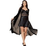 Pijama Pazarı Siyah Dantelli Saten Gecelik Sabahlık Takım SİYAH M
