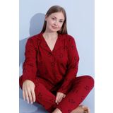 pijamacity Büyük Beden Kadın Bordo Uzun Kollu Pamuklu Önden Düğmeli Pijama Takımı