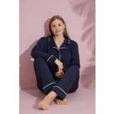 pijamacity Büyük Beden Kadın Lacivert Uzun Kollu Pamuklu Düğmeli Biyeli Pijama Takımı