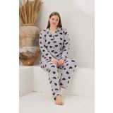 pijamacity Büyük Beden Kadın Uzun Kollu Pamuklu Önden Düğmeli Pijama Takımı