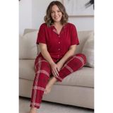 Pijamaevi Kırmızı Ekose Büyük Beden Kısa Kollu Önden Düğmeli Bambu Kadın Pijama Takımı
