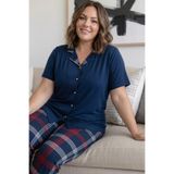 Pijamaevi Lacivert Ekose Büyük Beden Kısa Kollu Önden Düğmeli Bambu Kadın Pijama Takımı