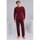 Pijamask Erkek Bordo Ekose Pantolonlu Cepli Uzun Kollu Pamuklu Pijama Takımı